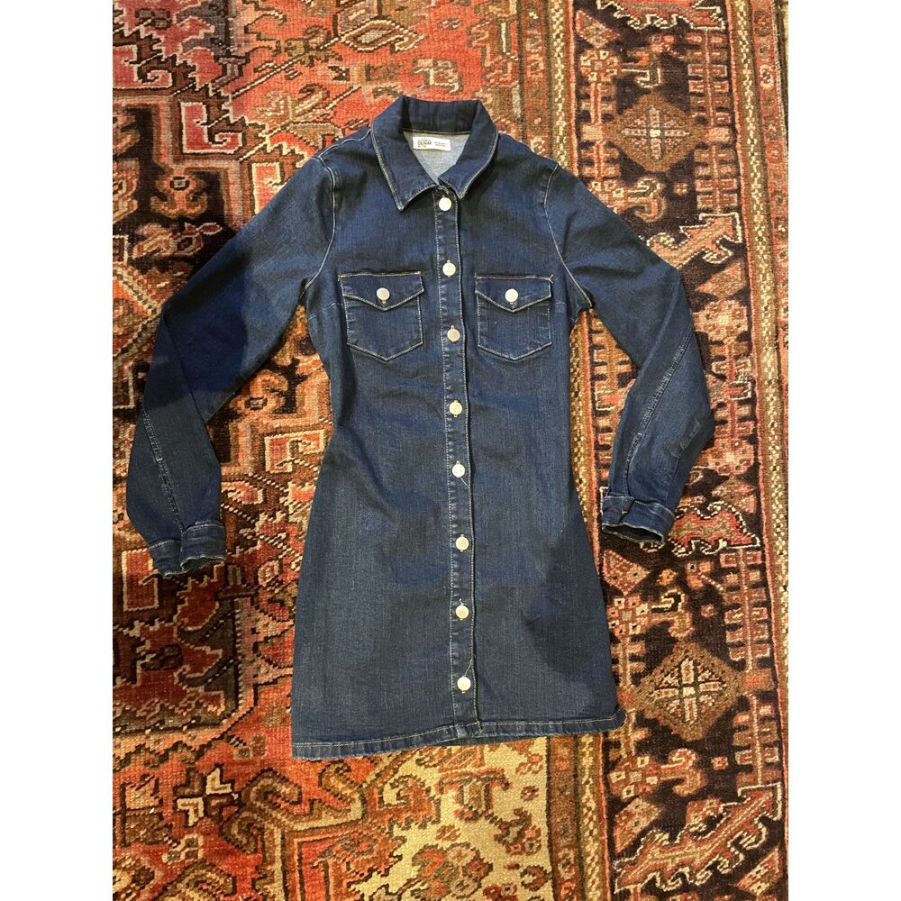 ZARA TRF Denim Shirt Dress Small Button Front Jean Western Utility Mini Dress